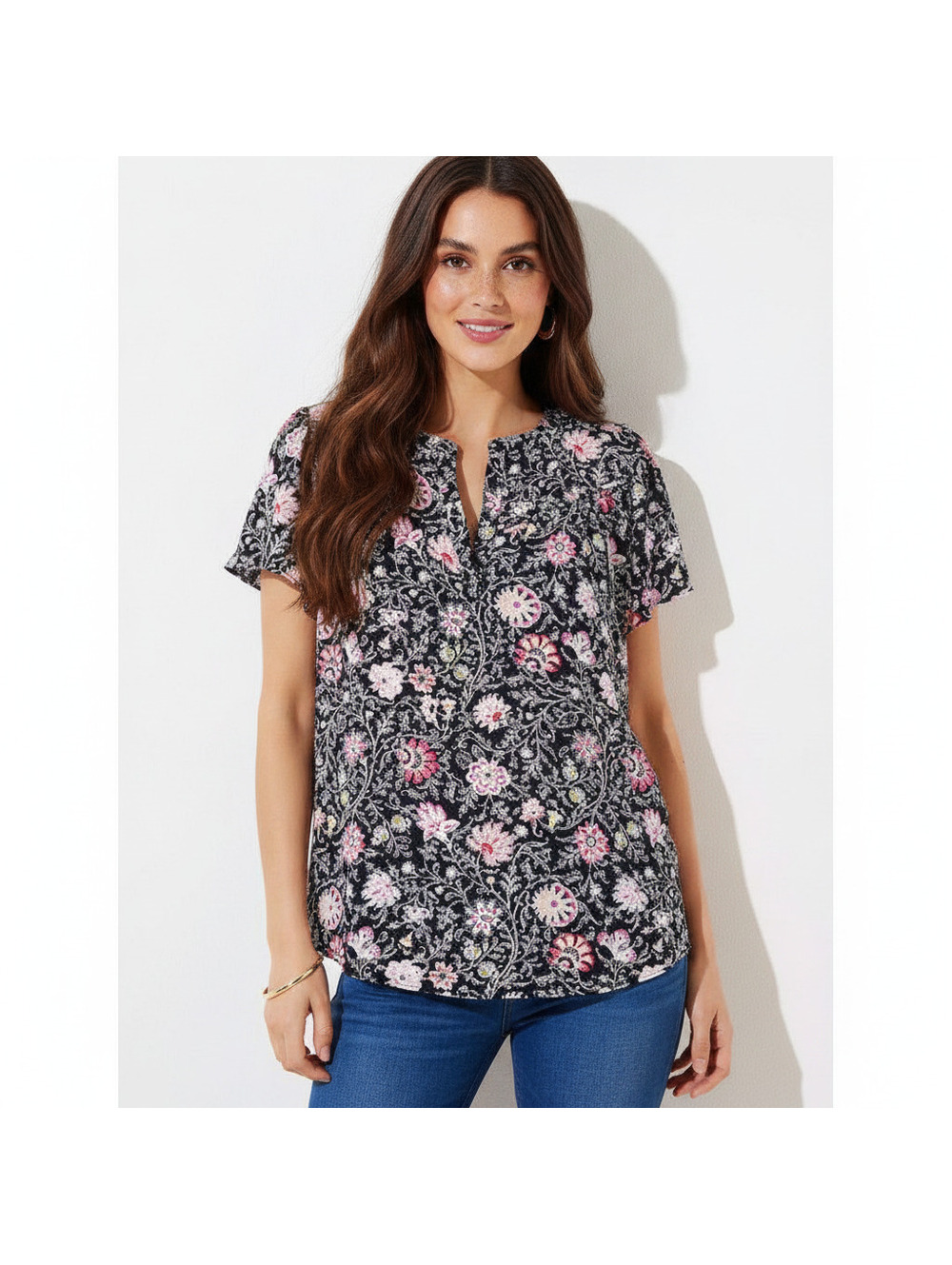 NWOT Loft Womens Medium Black Pink Floral Flutter Sleeve V-Neck Blouse Top
